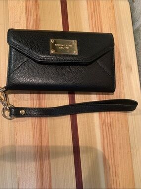 Michael Kors Black Saffiano Leather Wristlet with Gold Plate